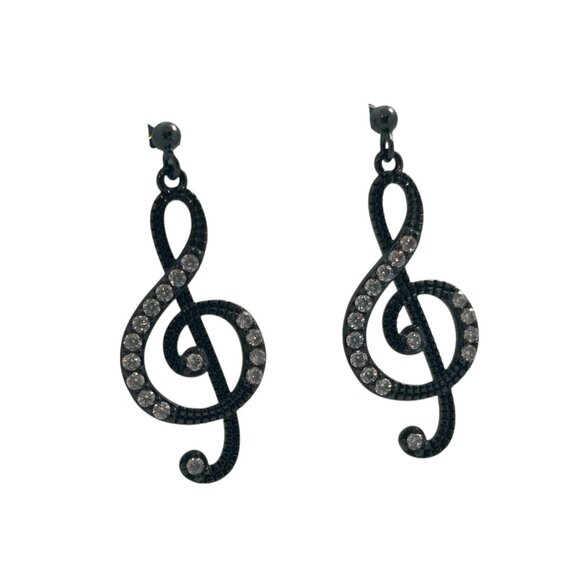 Treble Clef Earrings Music Note Black Metal Rhinestones Artistic Teacher Gift - Picture 6 of 6